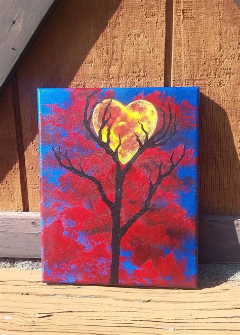 Original, Heart Moon Painting, Tree Silhouette Art, Moon Wall Art, Witchy Decor, Moody Wall Art ...