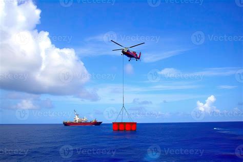 Search and rescue operation in sea. Emergency rescue helicopter flies ...