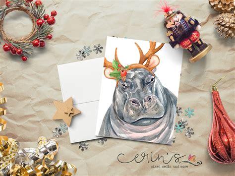 Watercolor Hippo Christmas Cardhippo Holiday Dress-up Cardsexotic Animal Greeting Cards - Etsy