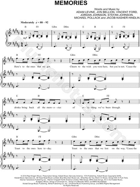 Maroon 5 "Memories" Sheet Music in B Major (transposable) - Download & Print | Sheet music ...