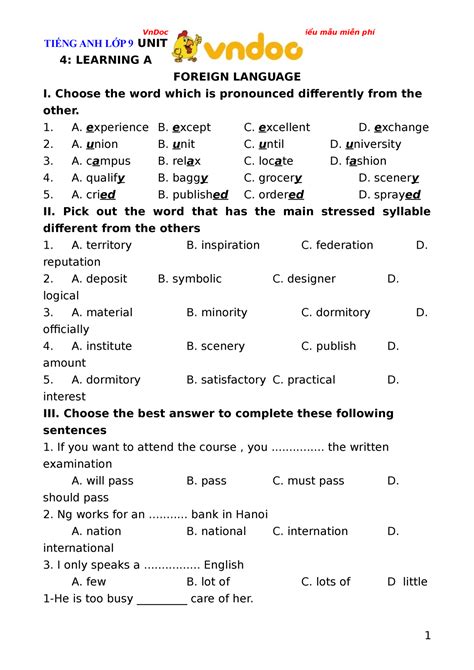 Bai tap tieng anh lop 9 unit 4 1 - TIẾNG ANH LỚP 9 UNIT 4: LEARNING A FOREIGN LANGUAGE I. Choose ...