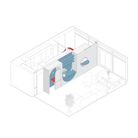 an overhead view of a living room and kitchen area with blue accents on the walls