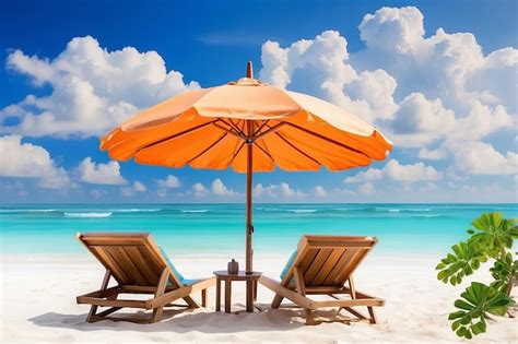 Premium AI Image | Beautiful beach chairs with umbrella on tropical ...