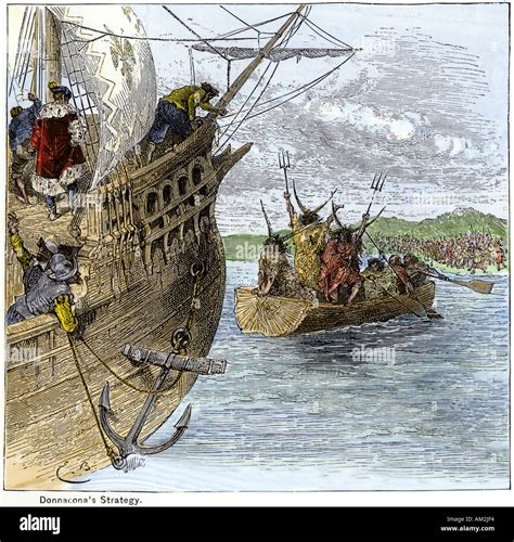 Huron chief Donnacona warns Jacques Cartier not to sail up the St Stock Photo: 4938483 - Alamy