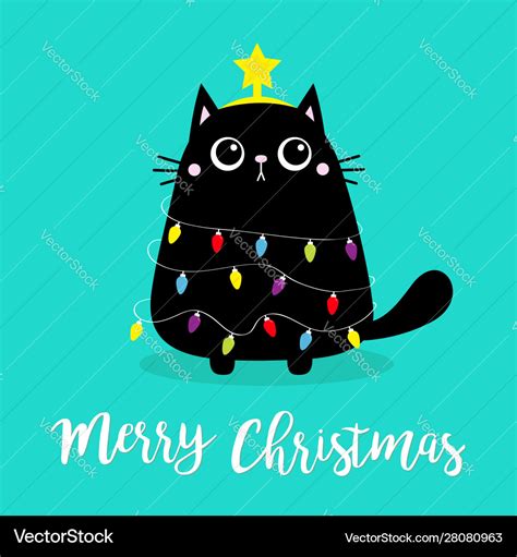 Merry christmas cat fir tree shape garland lights Vector Image