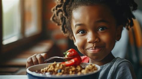 Premium Photo | Child eating acai in bowl with crunchy granola and fresh fruits smearing himself ...