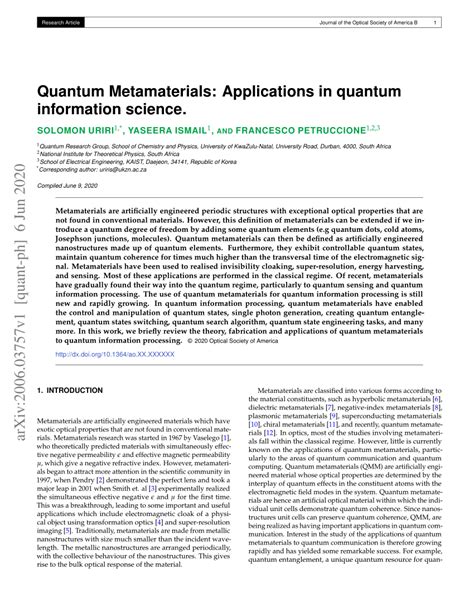 (PDF) Quantum Metamaterials: Applications in quantum information science