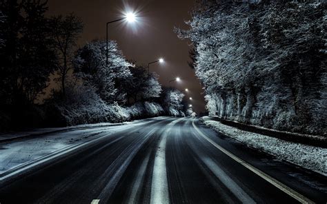 Wallpaper Road, trees, snow, winter, night, lights 1920x1200 HD Picture, Image