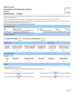 Fillable Online ehs berkeley Cal/OSHA Form 300A-Annual Summary of Work-Related ... Fax Email ...