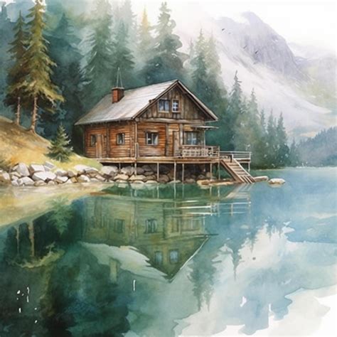 Premium AI Image | A painting of a cabin by the lake