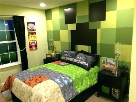 a green and black bedroom with a minecraft themed bed