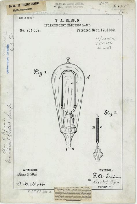 Thomas Edison’s Patent Drawing for the Incandescent Electric Lamp, 1882 ...