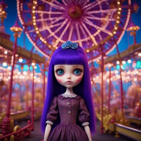 neo blythe face, glowing purple blue eyes on raw meat farm with carnival rides, Mark ryden style ...