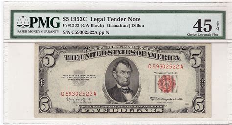 Lot-Art | 5 Dollar Bill 1953 "Red Seal", Unites States , PMG 45 EPQ