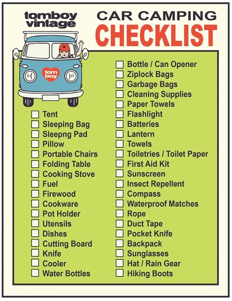 Car camping checklist, camping essentials, camping list, print out, tent camping, road trip ...