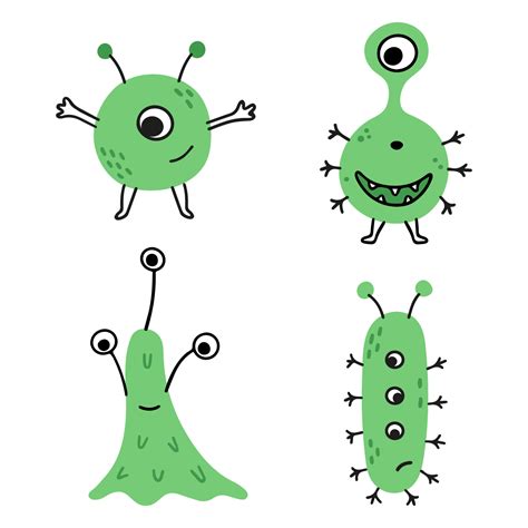 Set of cartoon green doodle germs, viruses and bacterias, monsters ...