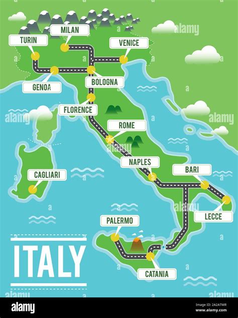 Cartoon vector map of Italy. Travel illustration with italian main cities Stock Vector Image ...