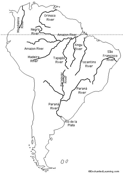 Labeled Outline Map: Rivers of South America - EnchantedLearning.com