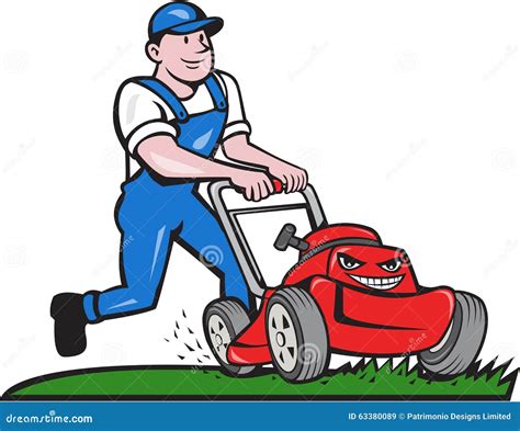 Gardener Mowing Lawn Mower Cartoon Stock Vector - Illustration of background, rotary: 63380089