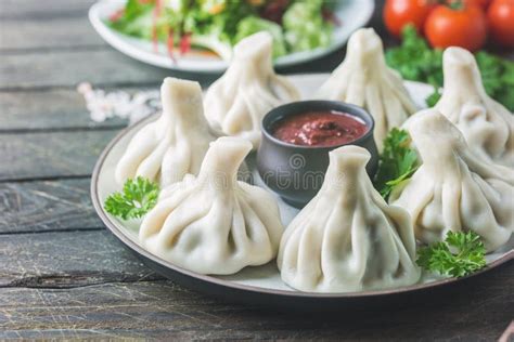 Georgian Dumplings Khinkali with Meat Stock Photo - Image of background ...