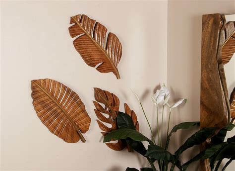 DecMode Large Carved Natural Wood Leaf Wall Decor, Set of 3: 24” x 12” Each - Walmart.com