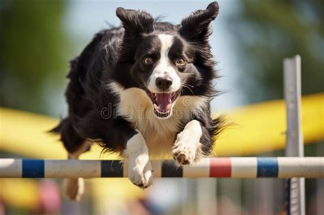 Border Collie on Dog Agility Slalom. Sports Competitions of Dogs on Agility Field. Collie Dog ...