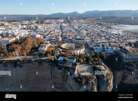 Bullring of the Royal Cavalry of Ronda aerial view at sunrise in Spain ...