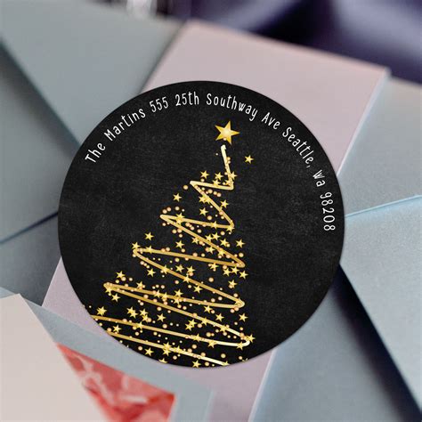 Gold Tree Black Address Labels Stickers Custom Round Holiday Labels Personalized Return Address ...