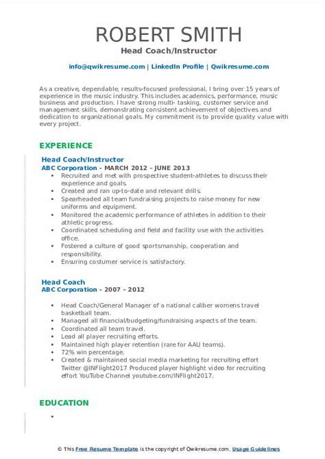 Head Coach Resume Samples | QwikResume