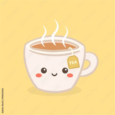 Cute Kawaii Hot Tea Cup Teabag Vector Illustration Cartoon Character ...