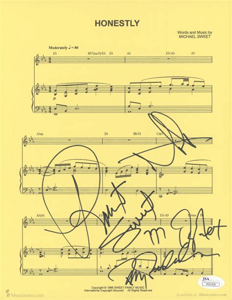 Stryper "Honestly" Sheet Music Copy Signed by (4) with Michael Sweet, Robert Sweet, Oz Fox, and ...