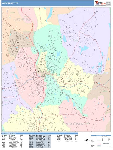 Waterbury Connecticut Wall Map (Color Cast Style) by MarketMAPS