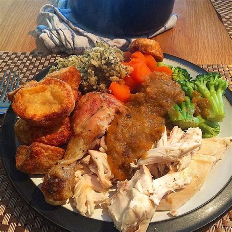 Post workout: Roast chicken chicken leg carrots rosemary roast potatoes broccoli thick gravy and ...