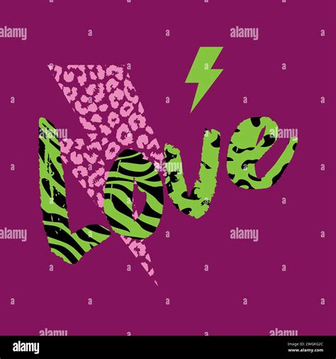 Love. Design for a word t-shirt with an animal print and the thunder symbol with green and pink ...