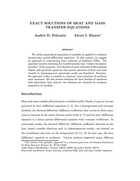 (PDF) Exact solutions of heat and mass transfer equations