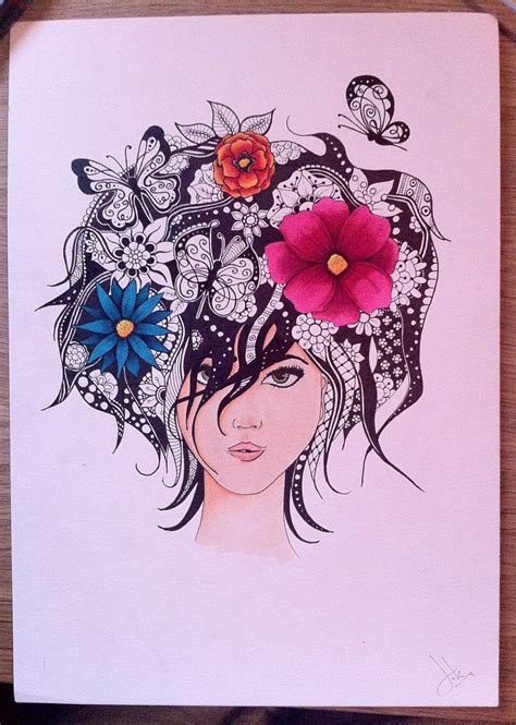 Drawing of a Woman whit floral hair on A4 size paper. Used materials: - canson paper - copic ...