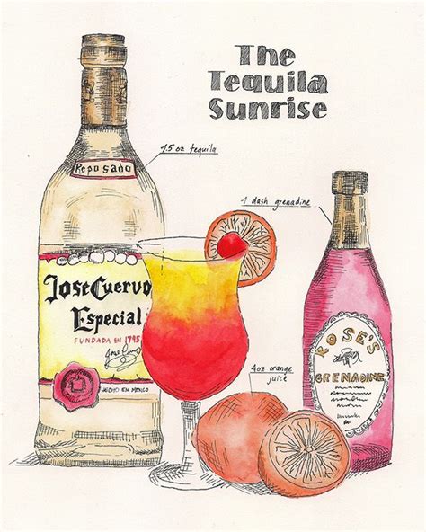 the tequila sunrise cocktail is next to two bottles