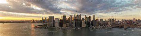 Aerial view of Manhattan in New York City from Brooklyn at sunset ...