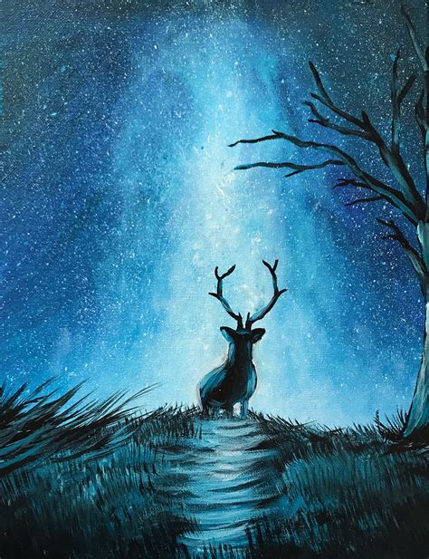 Original Night Sky With Deer Acrylic Painting 11 x 14 | Etsy