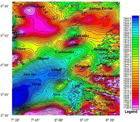 Total magnetic field intensity map of the study area (contour ...