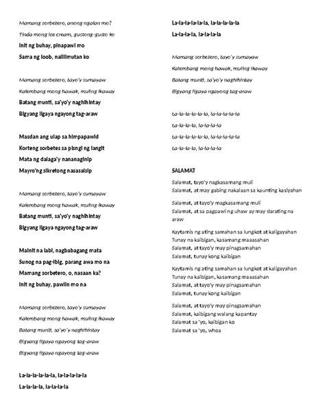 Mamang sorbetero - lyrics for contem - Mamang sorbetero, anong ngalan mo? Tinda mong ice cream ...