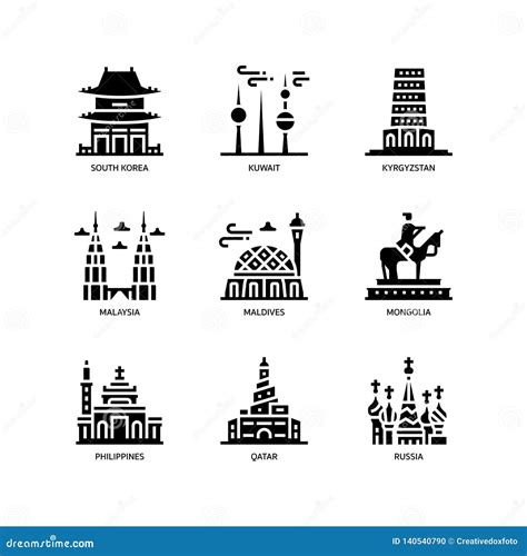 Asian Cities and Counties Landmarks Icons Set Stock Vector ...