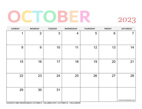 Free Printable October 2023 Calendar with Holidays | 21 Best Templates