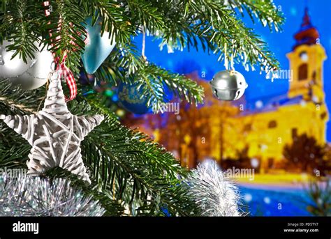 Christmas Background with Christmas Star on the Tree Stock Photo - Alamy