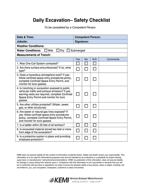 Fillable Online Daily Excavation Safety Checklist - WORK SAFE KENTUCKY Fax Email Print - pdfFiller