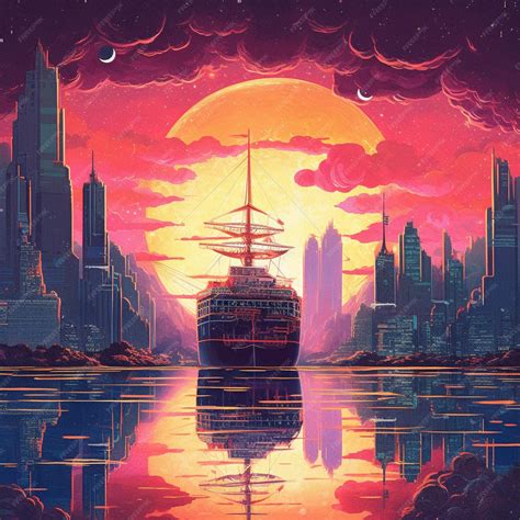 Premium AI Image | A painting of a ship in the water with a sunset in the background.