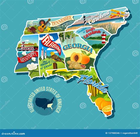 Illustrated Pictorial Map of Southern United States. Stock Vector - Illustration of guitar ...