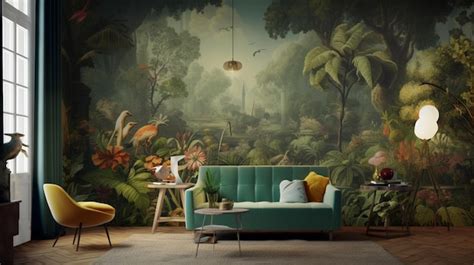 Premium AI Image | A living room with a jungle mural on the wall