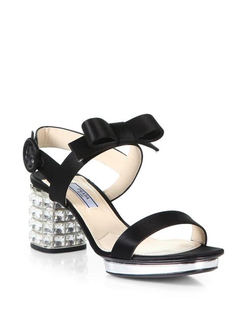 Prada Satin Jeweled Heel Sandals in Black | Lyst