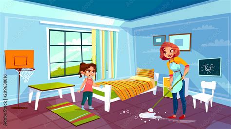 Mother and daughter cleaning room vector illustration of woman together ...